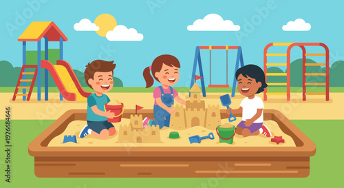 Three happy diverse children playing together in a sandbox, building a sandcastle with toys on a sunny day at the playground in a colorful flat vector illustration style