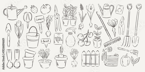 hand drawn gardening collection with plant tool seedling flower vegetable and equipment isolated on light background. botanical line art illustration set including wateringcan rake shovel pruner bucke
