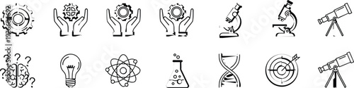 Science and Innovation Line Icons Set with Gear, Microscope, Telescope, DNA, Atom and Laboratory Symbols