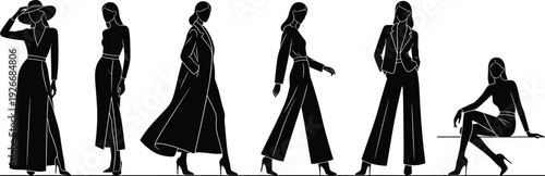 Elegant woman silhouette vector set with fashionable female poses walking standing and sitting for beauty clothing and lifestyle design.
