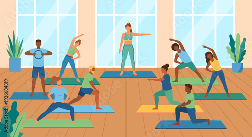 Diverse group of men and women exercising together in a fitness class with an instructor, stretching on colorful mats in a bright, modern studio with large windows