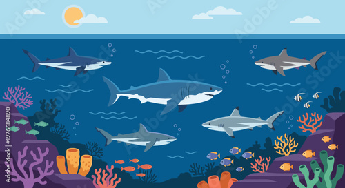 Multiple cartoon sharks swim gracefully through a vibrant coral reef, surrounded by colorful fish and sponges in a bright underwater ocean scene with a sunny sky