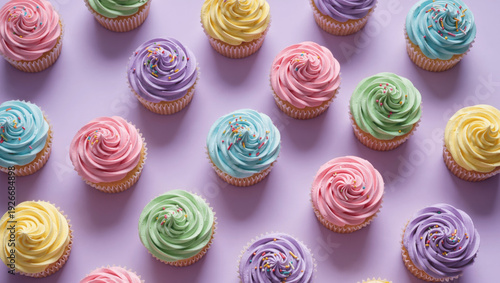 Colorful frosted cupcakes with sprinkles arranged in flat lay composition on pastel background, bright soft lighting, top view, minimal shadows, clean composition, commercial food photography