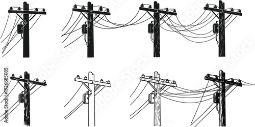 Silhouette illustration of eight utility poles with insulators, transformers, and power lines, showcasing diverse electricity distribution infrastructure artistic designs