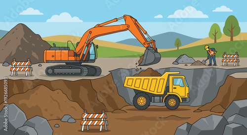 Heavy construction machinery with an orange excavator loading dirt into a yellow dump truck at a building site, a flat cartoon illustration of earthmoving