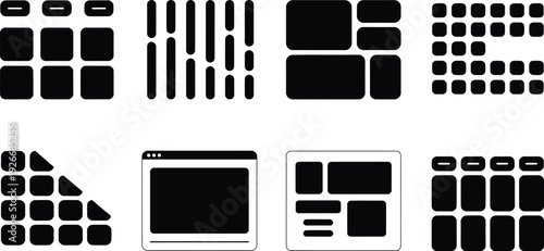 This image presents a collection of black and white geometric shapes arranged in grid like patterns resembling interface elements high-quality professional detailed modern elegant stylish