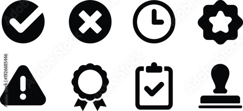 Black solid icons set featuring checkmark cross mark clock time star badge warning alert award ribbon clipboard and official stamp