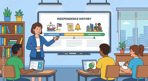 Female teacher giving a history lesson points to an interactive whiteboard with a timeline presentation for her diverse students using laptops and notebooks in a modern classroom