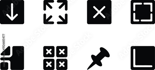 A collection of minimalist black icons displayed on a white background represent various symbols and directional indicators high-quality professional detailed modern elegant stylish clean crisp
