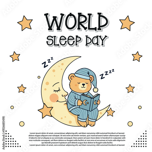 Adorable bear snoozing peacefully on a crescent moon, enjoying a good night's rest for global sleep awareness celebration