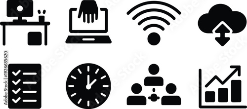 A collection of minimalist black icons representing modern office work technology time management and data analysis high-quality professional detailed elegant stylish clean crisp vibrant colorful