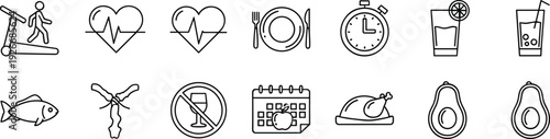 Food and Nutrition Line Icons Set with Meat, Fish, Dairy Products, Fruits and Healthy Diet Outline Vector Collection