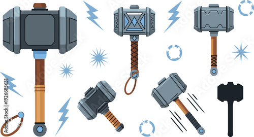 Fantasy thunder hammer vector set with lightning power effects and different angles for superhero weapon game and mythology design.