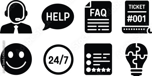 A collection of black and white support icons depicting customer service help and solutions high-quality professional detailed modern elegant stylish clean crisp vibrant colorful digital