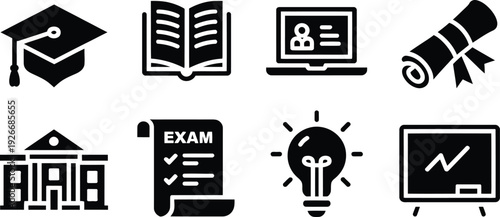 A collection of black silhouette icons representing various aspects of education learning and academic achievement high-quality professional detailed modern elegant stylish clean crisp vibrant