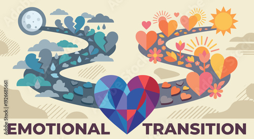 Conceptual flat vector illustration showing emotional transition from sadness with broken hearts under a moon to happiness with flowers under a sun