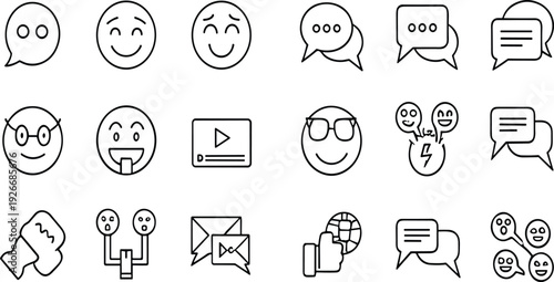 Social Media and Communication Line Icons Set with Chat Bubbles, Emojis, Video, Email and Feedback Symbols