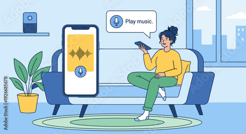 Happy woman relaxing on a sofa using a voice assistant on her mobile phone to play music on a smart home speaker in a modern apartment flat illustration