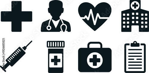 Medical and healthcare vector icon set featuring doctor silhouette heart pulse hospital building syringe medicine bottle first aid kit and clipboard.