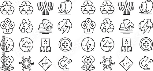 Sustainability and Renewable Energy Line Icons Set with Recycling, Electric Power, Eco Food and Environmental Protection Outline Vector