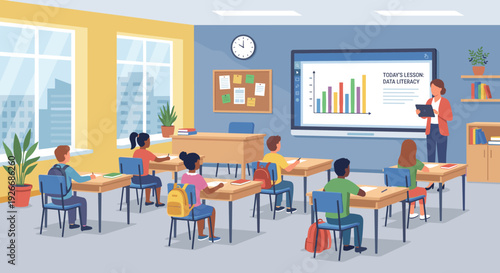Female teacher presenting a data literacy lesson to diverse students using an interactive whiteboard with a bar chart in a modern sunlit school classroom