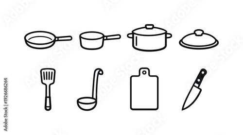 Home kitchen cooking essentials: frying pan, saucepan, cooking pot, lid, spatula, ladle, cutting board, kitchen knife