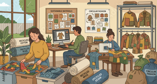 Circular fashion studio illustration with designers creating upcycled clothing from recycled cotton, wool, and denim fabrics in a sustainable workshop environment