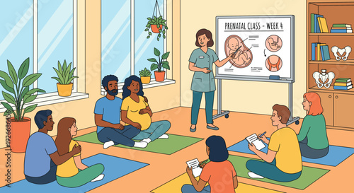 Diverse group of expectant parents attending a prenatal class with an instructor teaching about fetal development using a whiteboard in a bright, modern classroom illustration