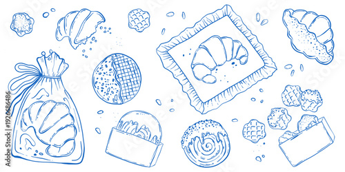 Bakery line art set with croissants, waffles and pastries, hand drawn bakery food outline vector collection