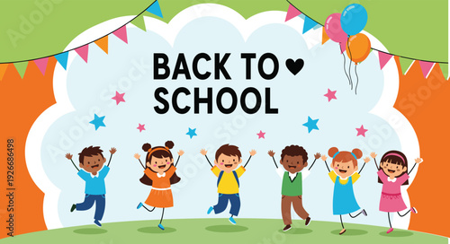 Back to school celebration illustration with happy kids jumping education concept flat design
