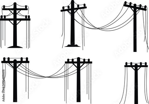 Silhouette illustration of five utility poles with varied crossarms, insulators, and power lines, showcasing diverse electricity distribution infrastructure designs