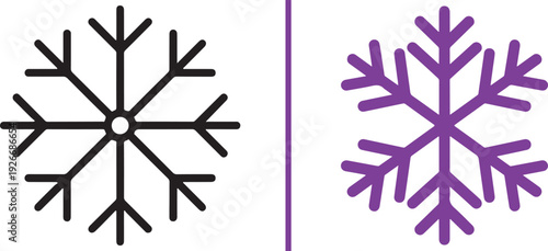 Two stylized snowflake icons separated by a vertical line. The left is a thin black linear design, while the right is a thicker, purple geometric version. Simple, clean vector art.