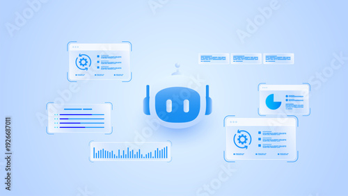AI workflow automation artificial intelligence. ai agent workflow diagram showing processing flow, data analytics, task and automation system.