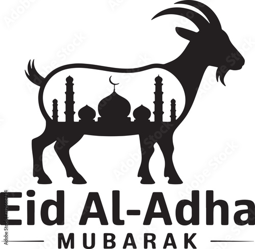 Black silhouette of a goat with Islamic mosque domes and minarets inside its body text Eid Al Adha Mubarak