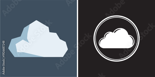 A split vector graphic featuring a light blue, low-poly geometric cloud on a dark slate background next to a white cloud icon centered within a circular badge on a black background.
