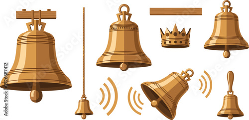 Golden ringing bell vector set with church handbell crown and sound wave elements for celebration notification and religious design.