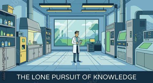 Male scientist in a white lab coat stands alone writing on a clipboard inside a modern, high-tech research laboratory with advanced equipment and a large window