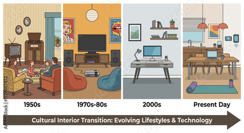 Four-panel illustration showing home interior evolution from the 1950s to the present day, depicting changes in technology, furniture, and lifestyle in a flat comic style