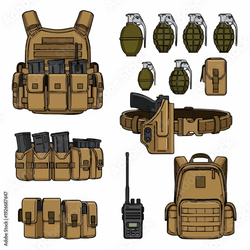 Tactical gear and equipment illustration featuring vests, grenades, and backpacks from a frontal viewpoint