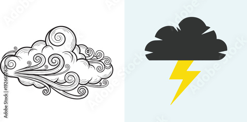A split vector showing a detailed cloud with swirling wind gusts and ornate patterns on the left, next to a bold black cloud silhouette with a bright yellow lightning bolt.