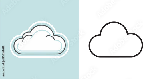 A minimalist icon set featuring two cloud variations: a soft, white cloud with a light blue glow effect on a pale background, and a simple, bold black outline of a cloud on a white background.