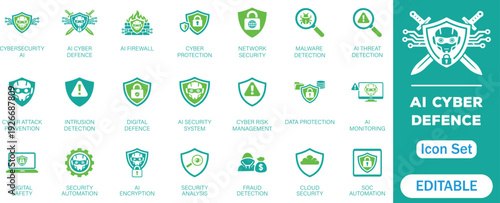 AI Cyber Defence solid Icon Set. Digital security, network protection, threat detection, and risk management concepts. Perfect for technology, data protection, AI-driven security and vector icons.