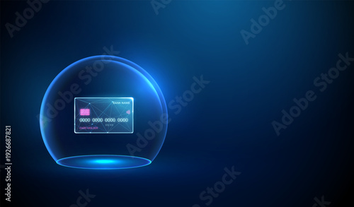 3d blue neon bank card under transparent glass dome. Financial protection, secure payment, fraud prevention, digital banking safety, personal data security concept.