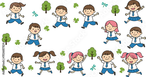 Happy school kids running illustration set with playful children outdoor fun flat design