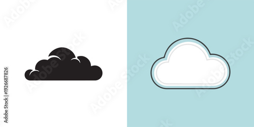 A minimalist icon set featuring a solid black cloud on the left and a clean, white cloud with a thin blue outline on the right, perfect for weather-themed UI or graphic design projects.