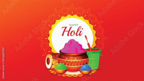 A vibrant illustration for happy holi festival with colorful powders gulal and traditional elements on an orange background.