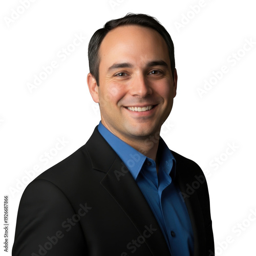 Professional businessman in black suit and blue shirt, smiling corporate male executive portrait, confident entrepreneur headshot for business profile isolated on Transparent Background