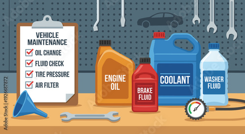 Automotive fluids like engine oil, coolant, and brake fluid with a pressure gauge and checklist for vehicle maintenance on a workshop bench, flat vector illustration
