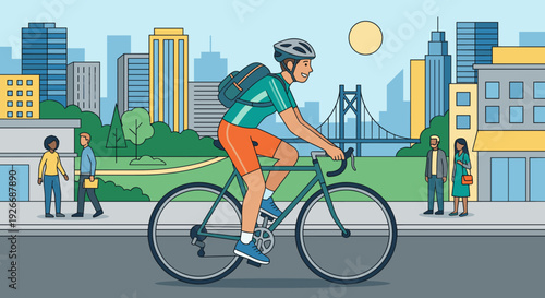 Happy male cyclist wearing a helmet rides his bicycle through a modern city, a flat design vector illustration of an active, healthy, and eco-friendly urban lifestyle