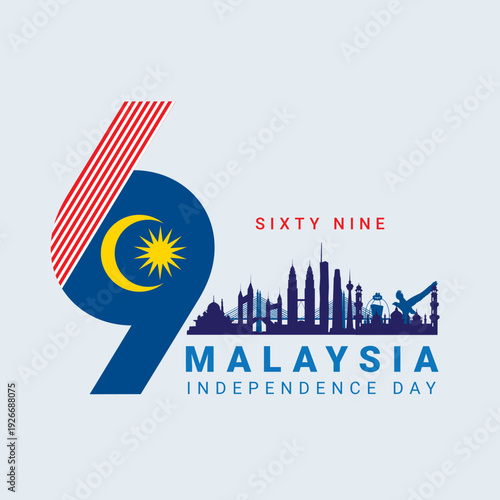 Canvas Print Malaysia Independence Day sixty nine anniversary logo featuring national crescent moon and landmark skyline silhouette illustration